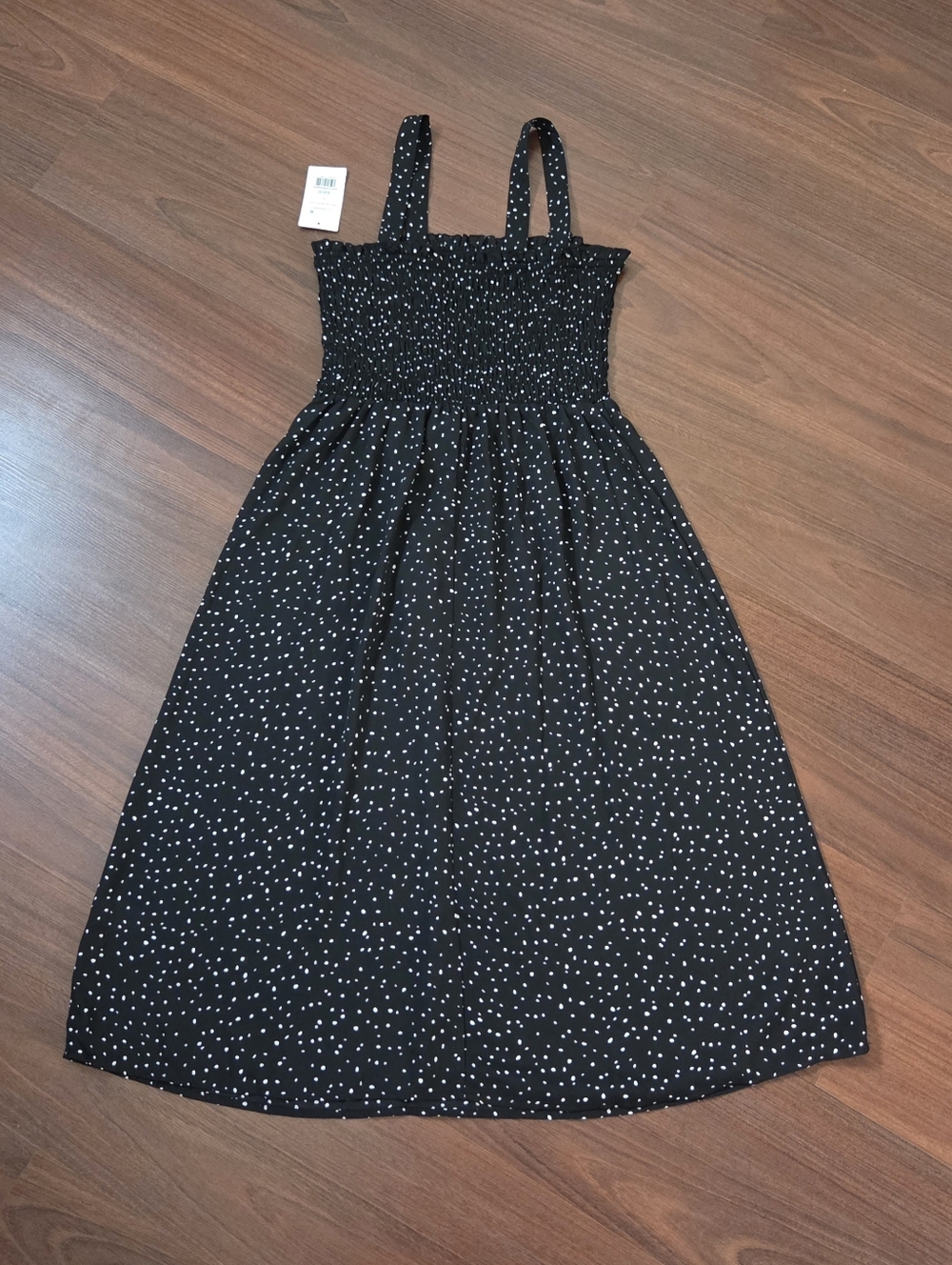 89th & Madison Black Smocked Midi Dress with White mini dots Print